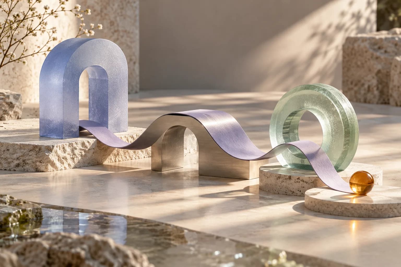 Glass arches and a metal bridge joined by a lavender ribbon, illustrating a connected workflow.