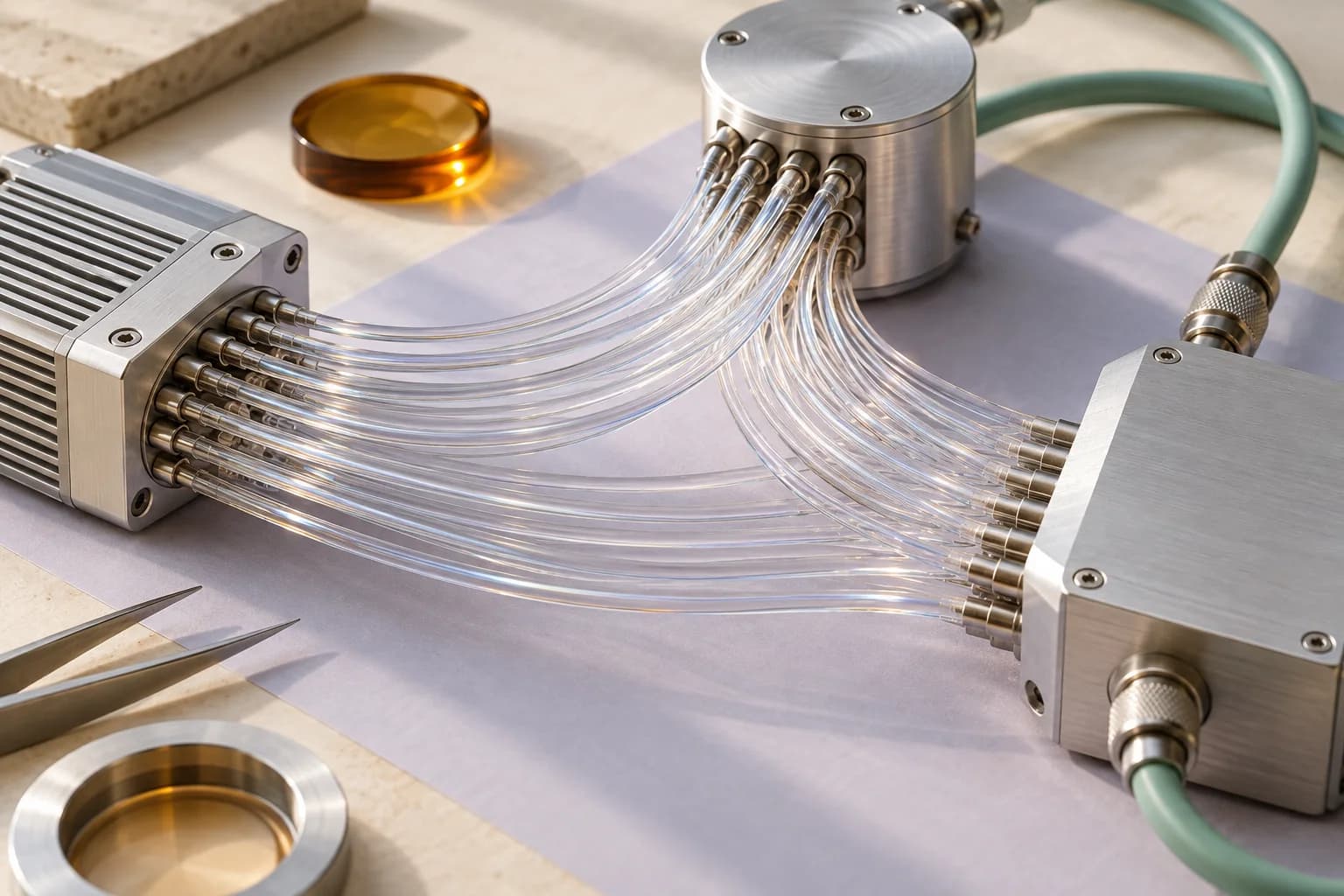 Glass strands connecting precision metal modules, illustrating connected data.